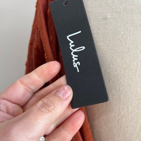 Lulus Dreaming of You Rust Orange Swiss Dot Midi Dress Size Large - Picture 6 of 10